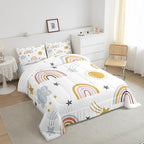 Rainbow Comforter Set for Girls, Sun and Stars Bedding Set King for Kids Boys Children Cartoon Cloud Bedding Comforters Girly Soft Microfiber Duvet Insert for Bedroom Decor, Rainbow Gifts For Kids