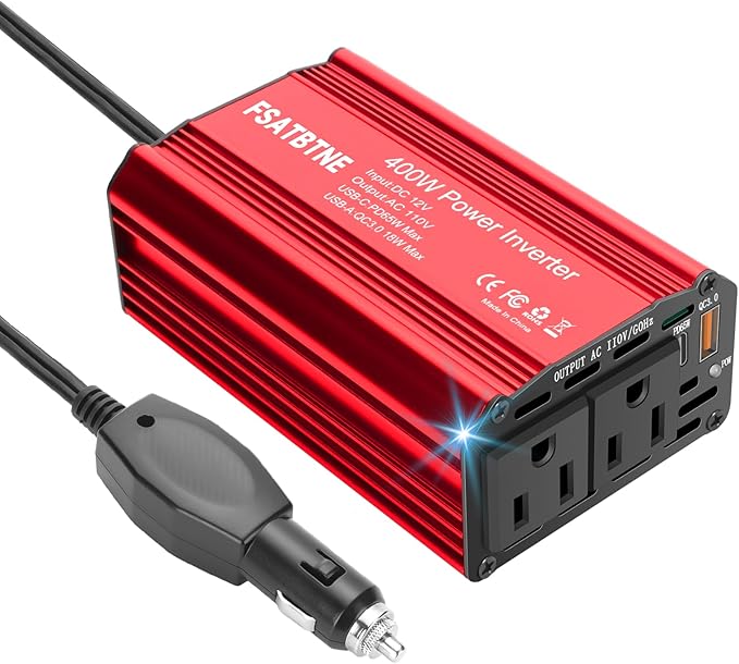 400W Power Inverter, FSATBTNE DC 12V to 110V AC Car Plug Adapter Outlet Converter with [65W PD USB-C] & [18W QC USB-A] Fast Charging Ports and 2 AC Outlets Car Power Inverters for Vehicles