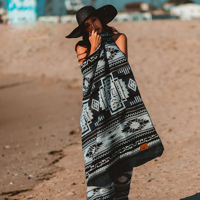 Off the Grid Inca Aztec Throw Blanket | Southwest Indian Navajo Boho Style | Native Woven Western Cover for Camping, Bedding, Couch (King, Cotopaxi Slate)