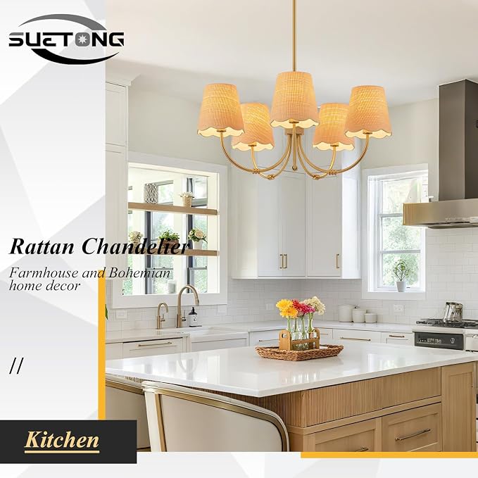 Boho Rattan Chandelier with Fabric Shade, Antique Gold Brass Farmhouse Chandeliers, 5-Lights Coastal Gold Pendant Light Fixtures for Dining Room Kitchen Island Living Room Hemp Rope
