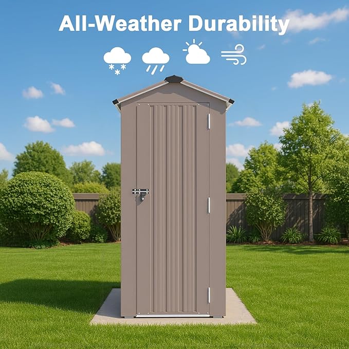 2.5x1.4 FT Heavy-Duty Brown Metal Storage Shed–Lockable Small Tool Shed with Adjustable Shelves Garden Sheds & Outdoor Storage, Tool Shed Outdoor Storage in Garden, Backyard, Patio, Poolside