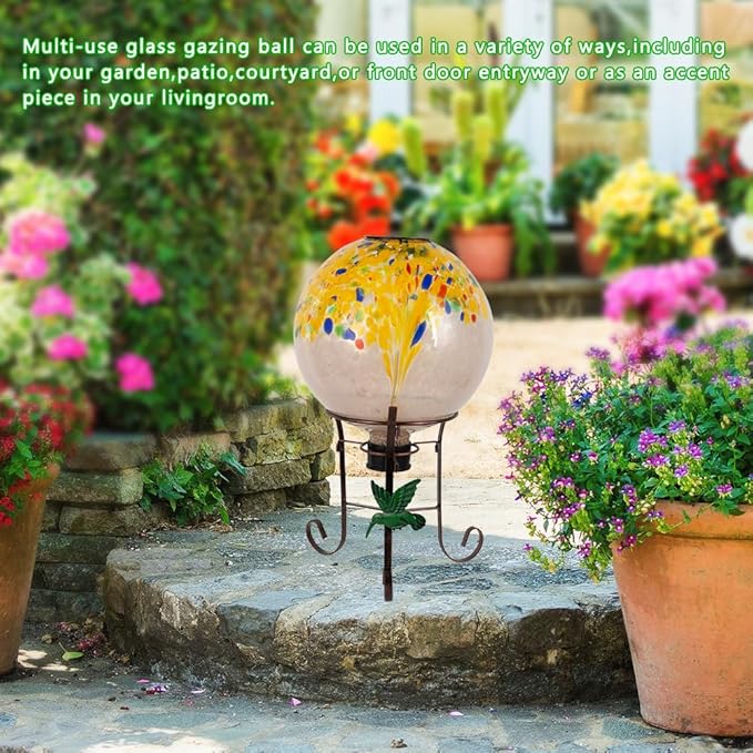 10" Diameter Solar Gazing Ball and 8.5" Metal Stand Indoor Outdoor Yard Art Ornament Coloful Spot Glass Globe Sphere Solar Gazing Balls for Garden,Lawn,Porch,Patio Birthday Gifts for Women,Mom