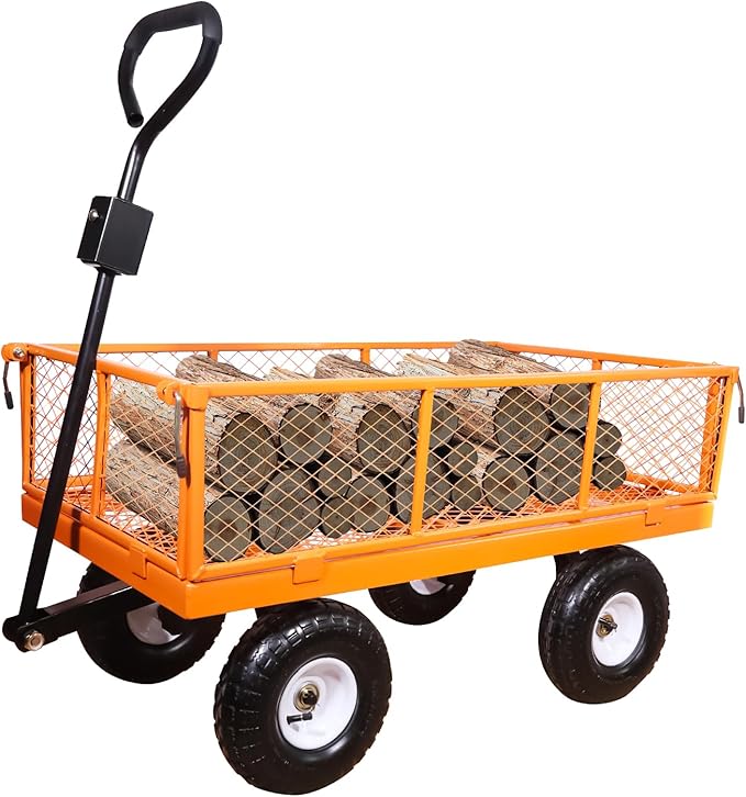 AAIN 1000 lbs Metal Garden Cart, Heavy Duty Garden Wagon with Removable Steel Mesh Sides, Utility Yard Carts with 180° Rotating Handle with 10 inch Wheels, 4cu.ft Load Capacity Outdoor Wagons