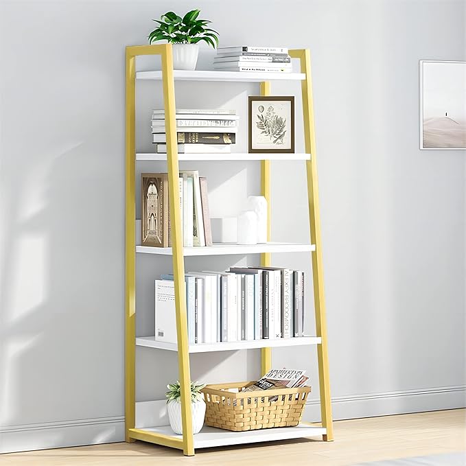 IOTXY 5 Tier Open Bookshelf - Steel and Wood Display Stand, 50CM Width Floor-Standing Bookcase, Gold