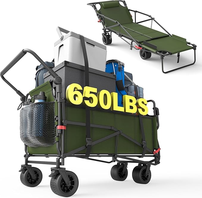 LEVELEVE Heavy Duty Folding Wagon - 2-in-1 Collapsible Cart, 650lb Capacity, All-Terrain Wheels w/Brakes & Side Pockets (Army Green)