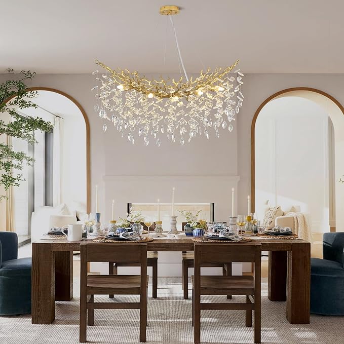 Modern Crystal Gold Chandelier, 36" Large Rectangular Oval Tree Branch Crystal Chandeliers for Dining Room,16-Light Flush Mount K9 Crystal Chandeliers, for Kitchen Island,Dining Room