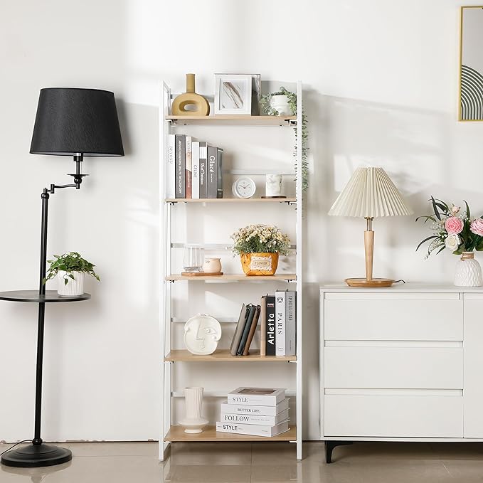 No-Assembly Folding Bookshelf Storage Shelves 5 Tiers Foldable Vintage Multifunctional Plant Flower Stand Storage Rack Shelves Bookcase for Home Office, White