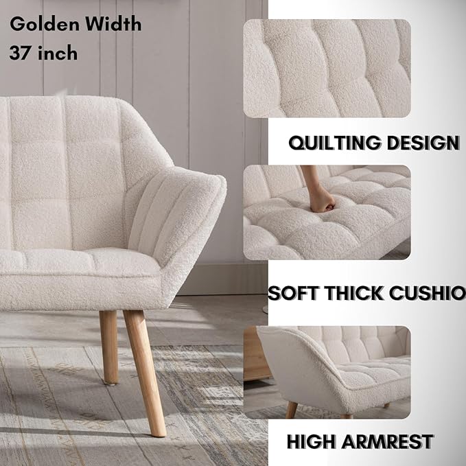 48”Small Loveseat Sofa, Modern Sherpa Upholstered Mini Couch 2-Seater Fluffy Love Seat with Quilting Backs and Wood Legs for Living Room, Bedroom and Small Space, White