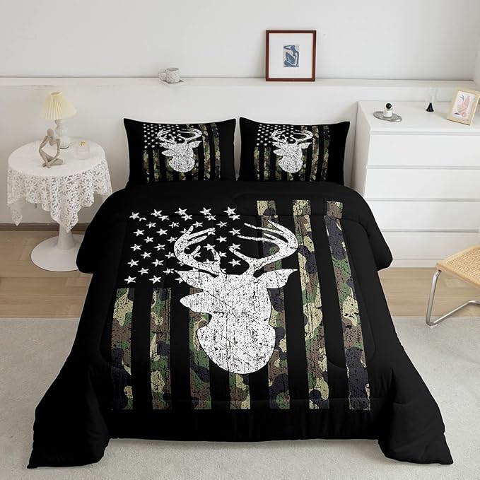 American Flag Comforter Set,Deer Hunting Down Comforter King,Army Green Military Camo Bedding Set For Boys Teens Kids Man,Western Farmhouse Stars Stripes Bedding Quilt Set Bedroom Decor 3 Pcs