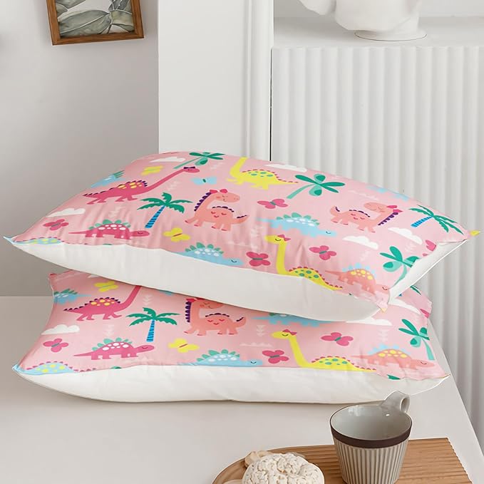 Axolotl Cute Dinosaur Comforter Set Full,Colorful Dinosaur Girls Bedding Set,Dinosaurs Print Comforter Sets Botanical Palm Trees,Butterfly Bedding Set for Kids Girls Teens,1 Quilt 2 Pillowcases,Pink
