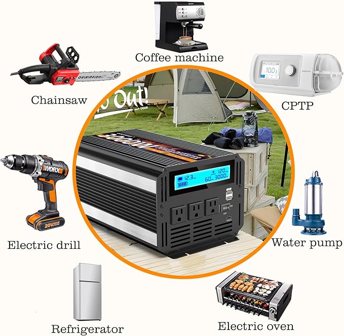 3000W Power Inverter 12V DC to AC 110V/120V (Peak) 6000W Converter 3 sockets car Inverter with Remote Control and LED Display 3.4A USB Port