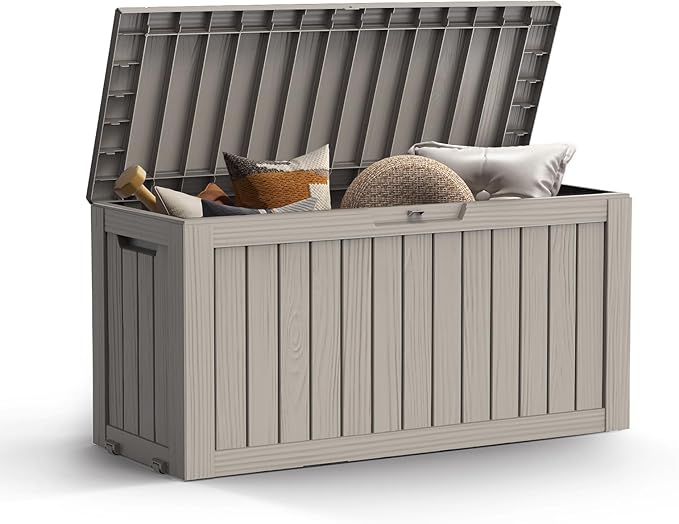 Mars Villa 72 Gallon Deck Box, Outdoor Storage Box Waterproof, Outside Resin Storage Bin for Patio Furniture Cushions, Pool Supplies, Garden Tools, UV-Resistant and Weatherproof, with 4 Wheels, Greige