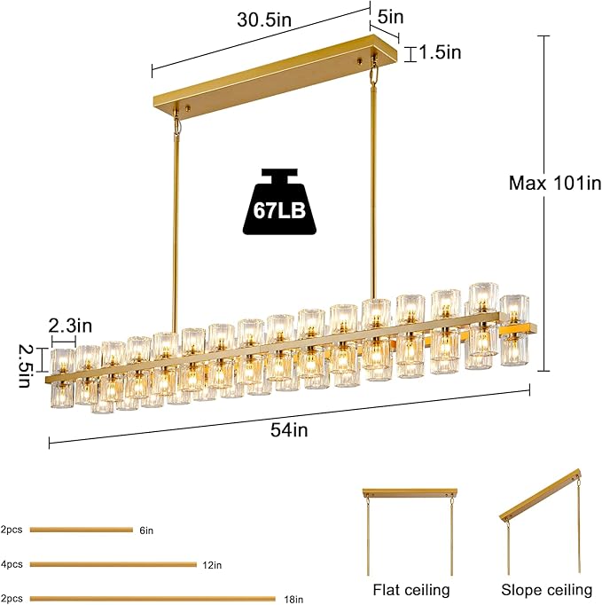 Crystal Brass Rectangle Chandeliers for Dining Room, 54in Gold Farmhouse Chandeliers for Dining Room, Modern Rectangle Crystal Chandelier for Kitchen Island Living Room, Includes 60XG4 Bulbs