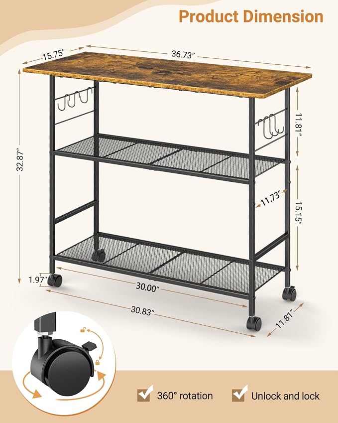 Kitchen Island with 3 Shelves, Rolling Kitchen Cart with 6 Hooks and Protective Shelf, Microwave Stand on Lockable Wheels, Bakers Rack Coffee Bar for Dining, Living Room, Outdoor, Metal Frame