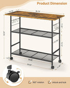Kitchen Island with 3 Shelves, Rolling Kitchen Cart with 6 Hooks and Protective Shelf, Microwave Stand on Lockable Wheels, Bakers Rack Coffee Bar for Dining, Living Room, Outdoor, Metal Frame