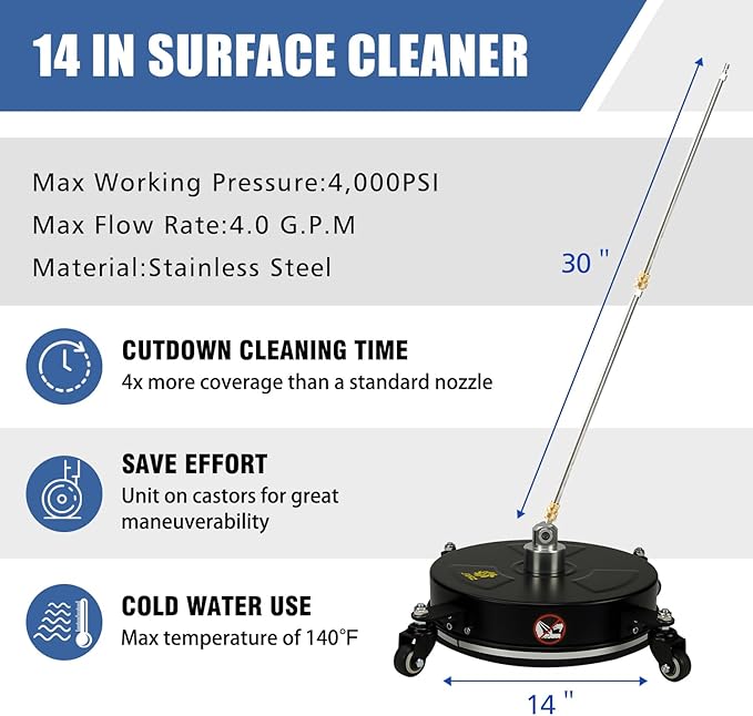 JANZ Pressure Washer Surface Cleaner with 4 Wheels,Ideal for Driveways,Sidewalks,Patios,Decks Cleaning (14 Inch Black)