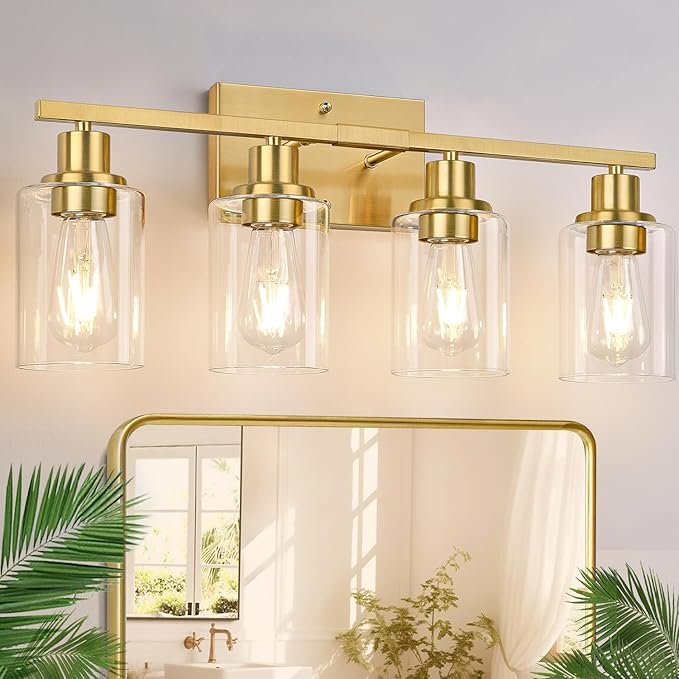 4-Light Vanity Lights with Clear Glass Shades, Brushed Gold Bathroom Light Fixtures Over Mirror, Modern Bathroom Wall Lamp for Mirror Living Room Cabinet Bedroom Porch