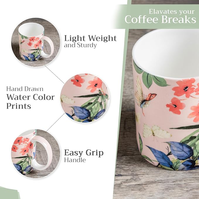 Maison d' Hermine Coffee Mug with Handles Tea Cups (12 Ounce, Pack of 1) | Fine Bone China Coffee Mugs for Hot Beverages Cappuccino Latte Home Restaurant Hotel Spring Summer -Canne - Fargesia