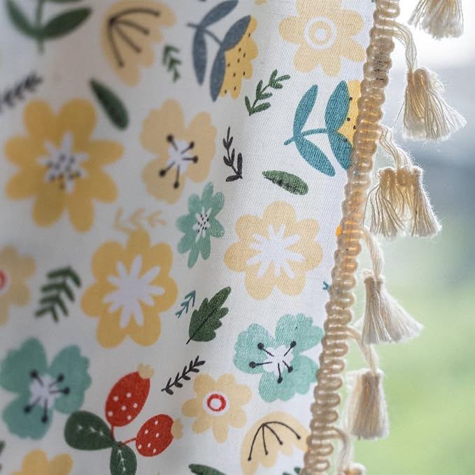 Sutuo Home Boho Curtain Semi-Blackout Colorful Florals Print Cotton Linen Fabric, Handmade Tassels Rod Pocket Bohemian Farmhouse Country Window Drapes for Living Bedroom, 59" W x 84" L, 1 Panel