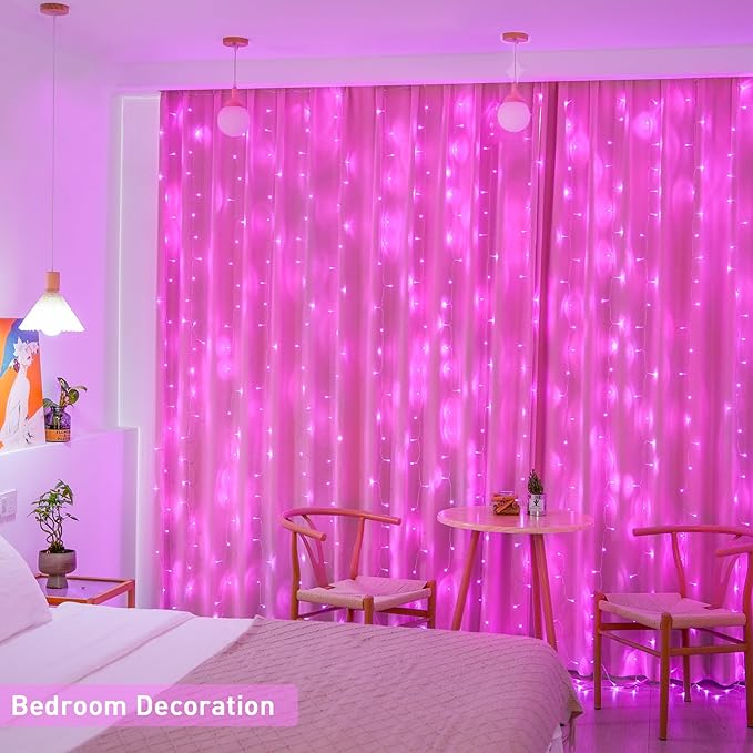 JMEXSUSS 300 LED Pink Curtain Lights Indoor, Christmas Lights Plug in, 8 Modes Pink String Lights for Bedroom Window Wall Party Backdrop Xmas Valentine Decorations, 9.8x9.8ft