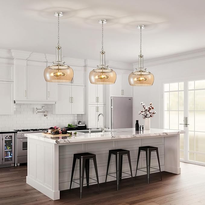 WUZUPS Nickel Chandelier Rustic Farmhouse Industrial Round Ceiling Pendant LED Light Fixture with Amber Glass Shade for Dining Room Kitchen Island Foyer Entryway, H 20.9" W 15.9", E26 Base