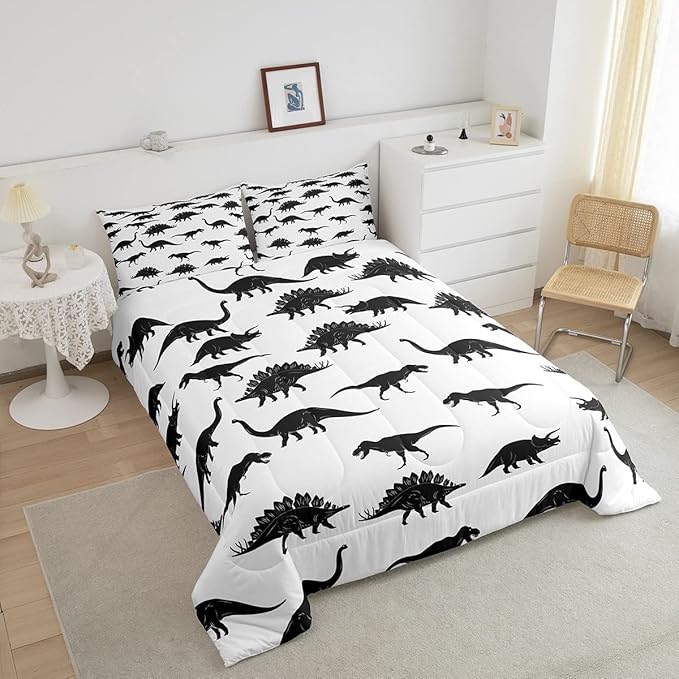 Erosebridal Dinosaur Bedding Set Dino Silhouettes Comforter Set Full Size, Wildlife Animals Black White Quilted Duvet for Kids Boys Teens Adult Bedroom Decor Dinosaurs Comforter with 2 Pillow Cases