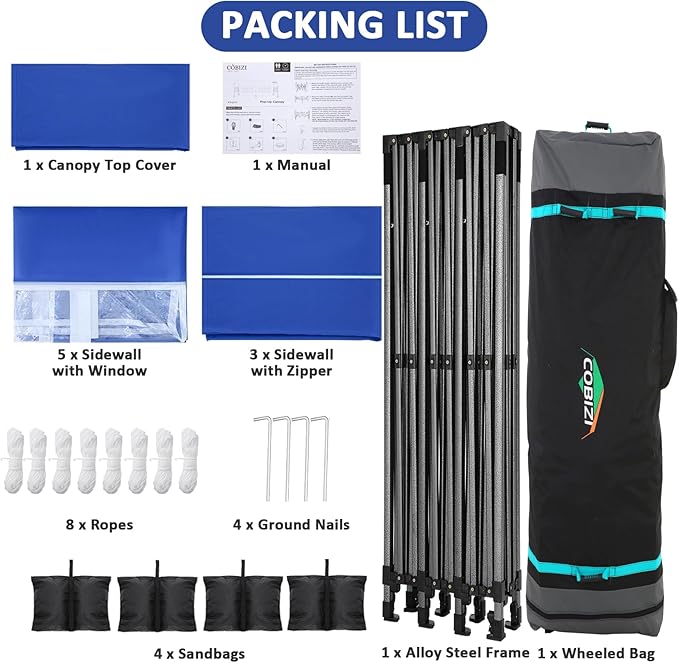 COBIZI 10x30 Pop Up Canopy with 8 Sidewall,Heavy Duty Canopy UPF 50+ All Season Wind Waterproof Commercial Outdoor Wedding Party Tents for Parties Canopy Gazebo with Roller Bag(10 x 30 ft Dark Blue)