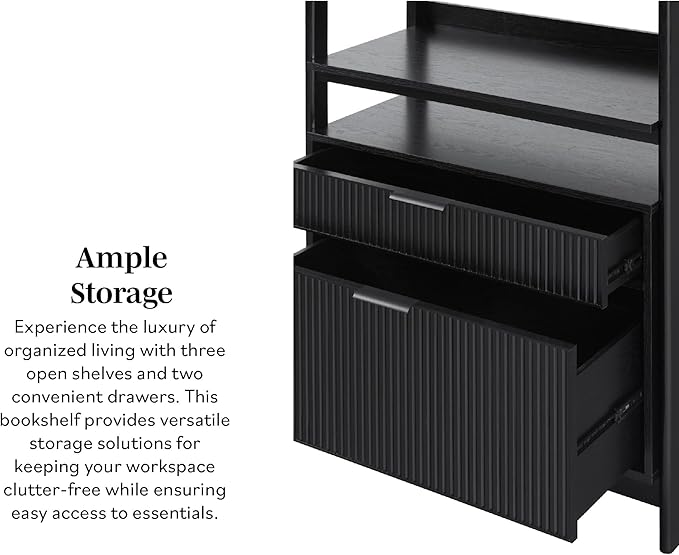 Walker Edison Modern Reeded 4-Shelf Bookshelf Bottom, 33 Inch, Two-Drawer Black