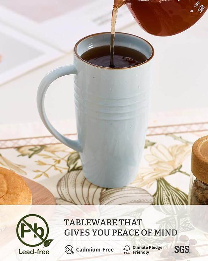 famiware Jupiter Large Coffee Mug, 20oz Coffee Mug with Lid, Ceramic Mugs Set of 4, Cup Set with Handle for Latte, Tea, Cocoa, Milk, Microwave and Dishwasher Safe, Light Blue and Light Green