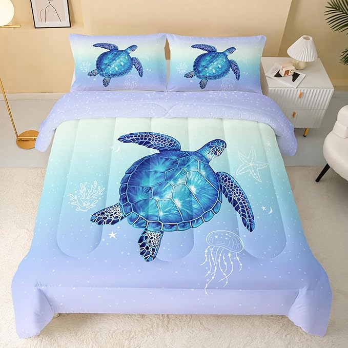 Turtle Comforter Queen Size,Ocean Comforter Set for Kids Teens Girls Boys,3Pcs Bedding Set Printed Comforter with 2 Pillowcases,Down Alternative,Soft and Lightweight(Blue，Queen Size)