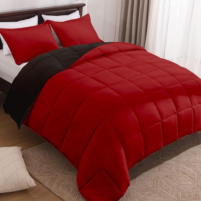 Basic Beyond Queen Comforter Set - Fluffy Comforter Queen Set for All Seasons - Reversible Red and Black Comforter Set Queen for Mens - 3 Pieces (1 Comforter + 2 Pillow Shams)