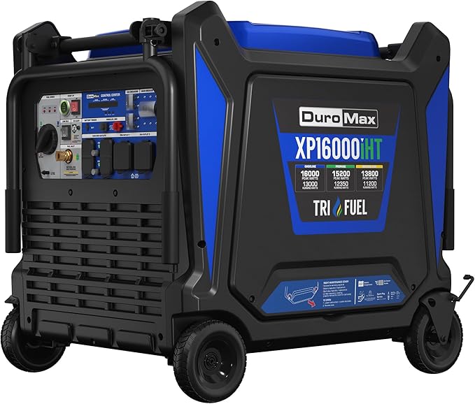 DuroMax XP16000iHT 16,000-Watt Tri Fuel Portable Digital Inverter Generator - Gas, Propane & Natural Gas, Remote Electric Start, Whole Home Power Backup, Transfer Switch Ready, RV & Emergency Ready