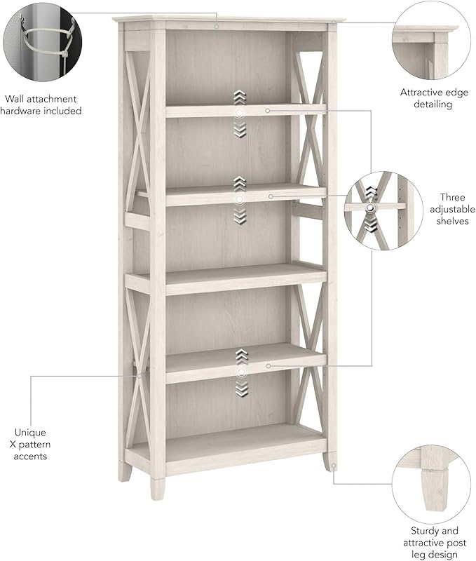 Bush Furniture Key West Bookcase Shelf in Linen White Oak | Farmhouse Bookshelf Display Cabinet for Library, Bedroom, Living Room, and Office