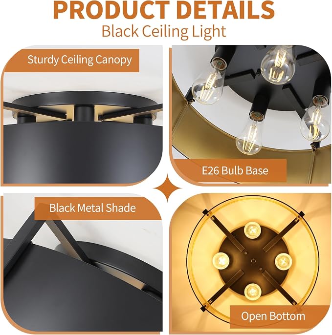 20'' Black Semi Flush Mount Ceiling Light, Modern Farmhouse Hallway Entryway Light Fixtures, 4-Light Rustic Foyer Lighting Fixtures Ceiling Lights for Kitchen Island Bedroom Dining Room