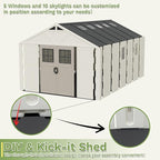 Greesum 10×16 FT Plastic Outdoor Storage Shed with Floor and Lockable Door, Resin Sheds with Windows and Skylights, Weather Resistant Organization for Garden, Lawn, Pool Supplies, Beige