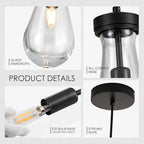 Raindrop Pendant Light Fixtures Set of 3, Black Glass Pendant Lighting, Hand BlownTeardrops Modern Hanging Light for Entryway Foyer Kitchen Island Dining Living Room Hallway