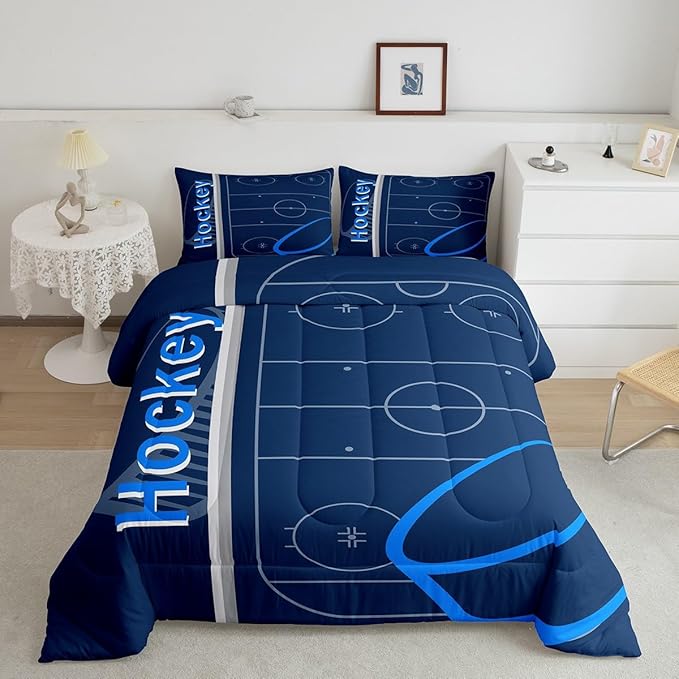 Feelyou Kids Ice Hockey Comforter Set Twin Size Ice Sports Games Bedding Set for Boys Girls Teens Bedroom Decor Hockey Player Comforter Puck Hockey Duvet Set with 1 Pillow Case