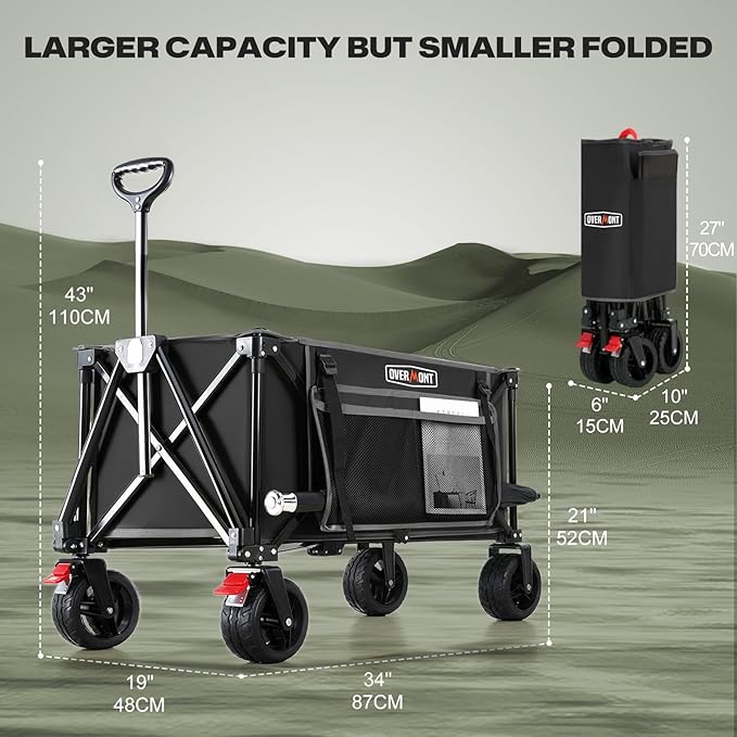 Overmont Collapsible Wagon Cart with Wheels - 180L Foldable Heavy Duty Wagon with Big All-Terrain Wheels - 330Lbs Weight Capacity with Side Pockets for Camping Sports Garden Grocery Shopping Black