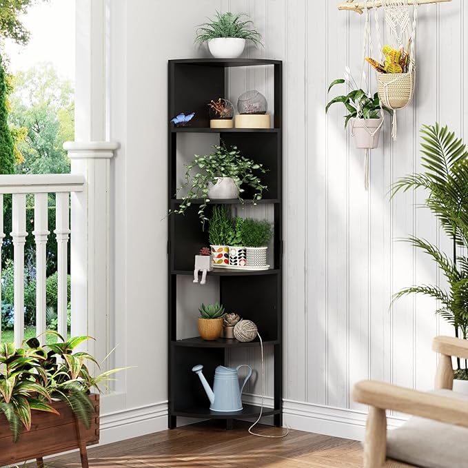 YITAHOME 6-Tier Corner Shelf, 68.8" Tall Modern Free Standing Zigzag Corner Bookshelf, 6 Shelf Display Corner Bookcase Open Small Book Shelves for Living Room, Home Office, Small Space, Black