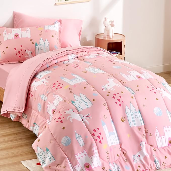 SLEEP ZONE Kids Bedding Comforter Set Full/Queen Size - Super Cute & Soft Kids Bedding 7 Pieces Set with Comforter, Sheet, Pillowcase & Sham (Unicorn Castle)