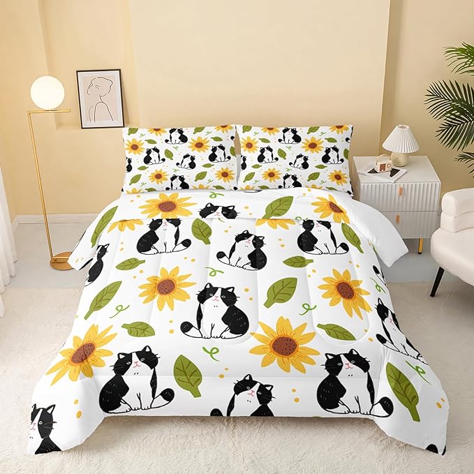 Kawaii Cat Comforter Twin Size,Sunflower Cat Comforter Set for Kids Teens Girls Boys,3Pcs Bedding Set Printed Comforter with 2 Pillowcases,Down Alternative,Soft and Lightweight，Twin Size