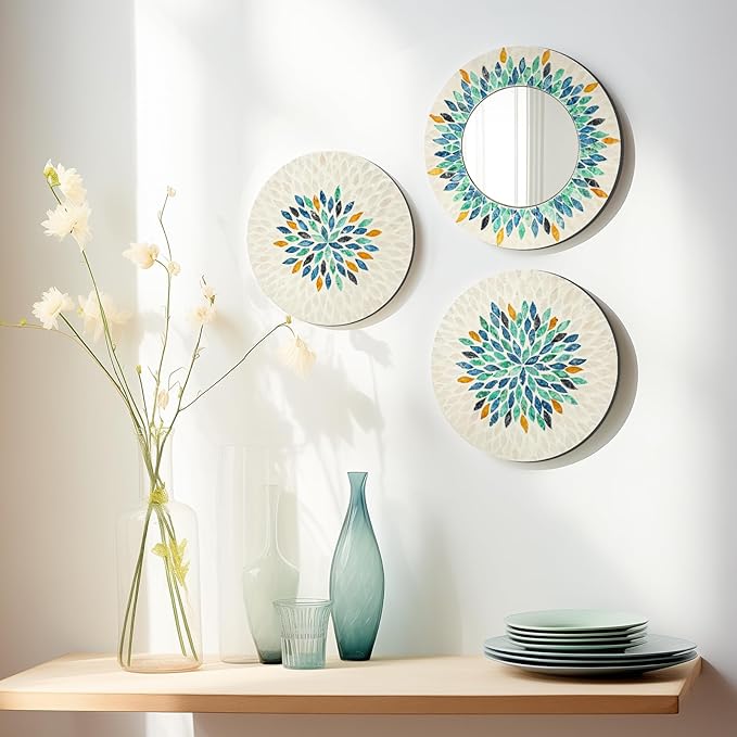 TEIPAI Jewel-Tone Mother of Pearl Mirror Wall Decor for Living Room, 3PCS Handmade Round Wall Art for Home Guest Room Decoration, Unique Mosaic Art Gift for Birthday Wedding Housewarming (Colored)