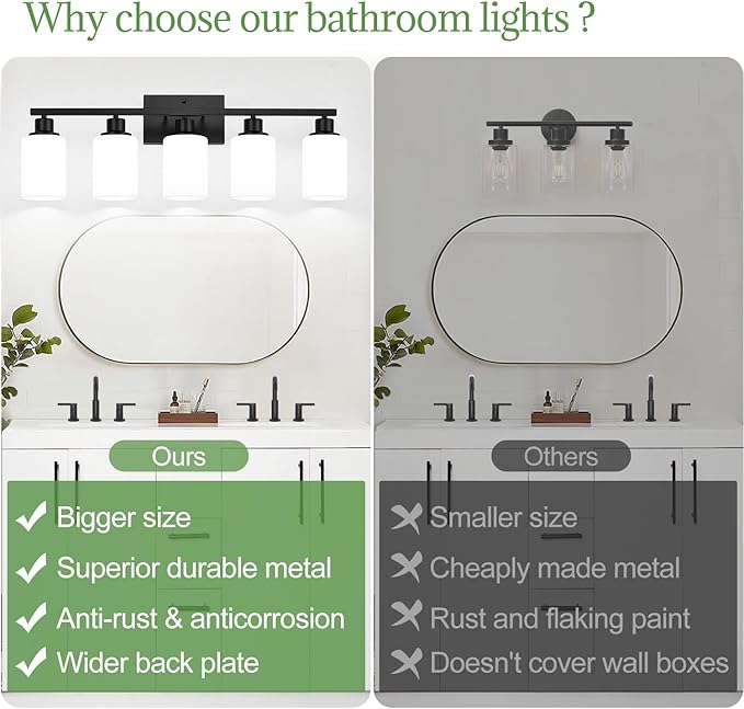 5-Light Black Bathroom Vanity Light Fixture with Milky White Frosted Glass Shades, Bathroom Light Fixture for Mirror, Matte Finish, Reversible Up/Down Lighting for Bedroom, Living Room, Hallway