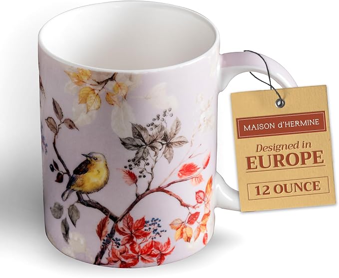 Maison d' Hermine Coffee Mug with Handles Tea Cups (12 Ounce, Pack of 1) | Fine Bone China Coffee Mugs for Hot Beverages Cappuccino Latte Home Restaurant Spring Summer -Equinoxe - Grey - Passerine