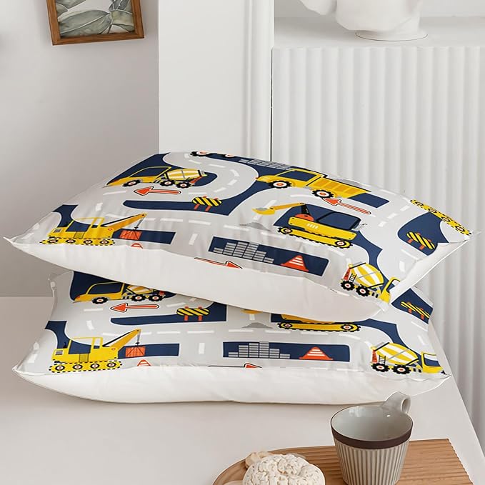 Axolotl Cartoon Excavator Bedding Set Queen,Tractor Truck Bedding Set,Boys Construction Bedding Set,Yellow Vehicles Truck Comforter Construction Site Decor for Kids Boys Teens,1 Quilt 2 Pillowcases