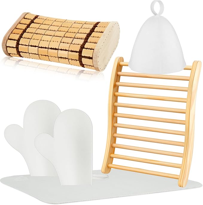 JaGely 5 Pcs Sauna Accessories Include Slip Resistant Sauna Backrest, Wood Sauna Headrest Pillow, Sauna Hat, Seat Pad and Sauna Glove for Barrel or Infrared Sauna