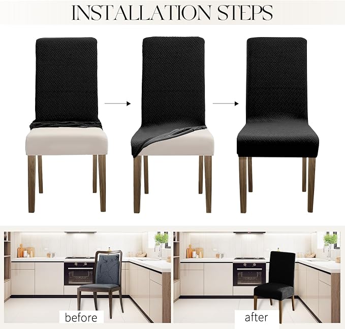 MOSAYT 100% Waterproof Dining Room Chair Covers Set of 6, Super Fit Stretch Jacquard Parson Chairs Slipcovers Removable Washable Chair Seat Protectors for Home, Kitchen, Banquet (Black)