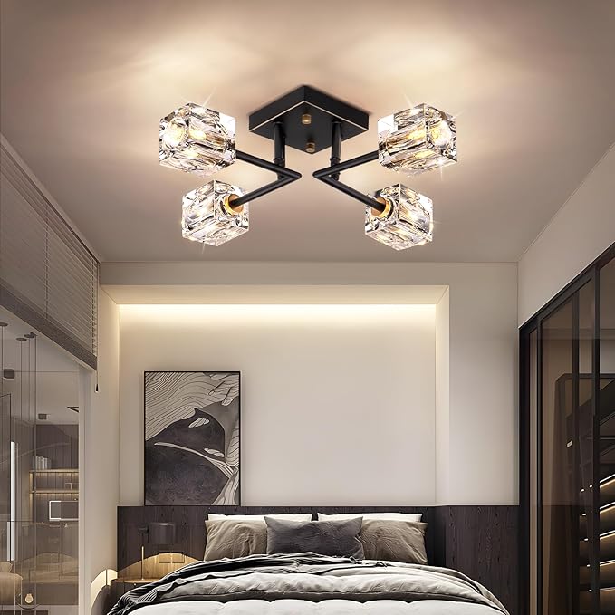Modern Crystal Ceiling Light,Semi Flush Mount Ceiling Light Fixture with 4-Lights,Black and Gold Sputnik Chandeliers for Bedroom,Dining Room,Farmhouse Kitchen,Office,Entryway Hallway