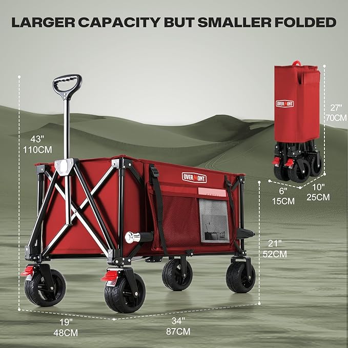 Overmont Collapsible Wagon Cart with Wheels - 180L Foldable Heavy Duty Wagon with Big All-Terrain Wheels - 330Lbs Weight Capacity with Side Pockets for Camping Sports Garden Grocery Shopping red