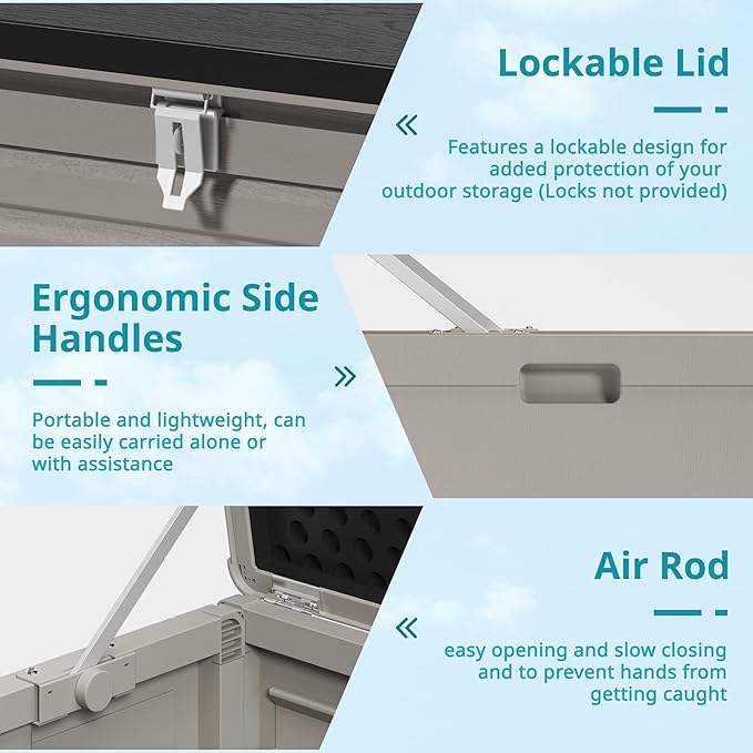 HUGROVE Resin Deck Box, 130 Gallon Outdoor Storage Box with Lockable Lid, Waterproof Patio Storage for Garden Tools & Outdoor Accessories (Dark Black) (Light Gray)
